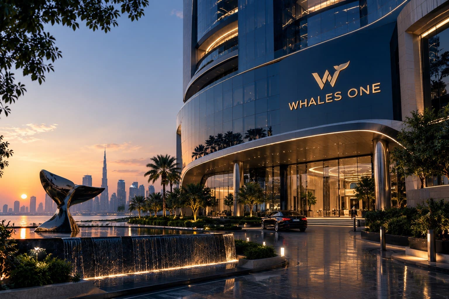 Whales One at sunset, the city skyline beyond