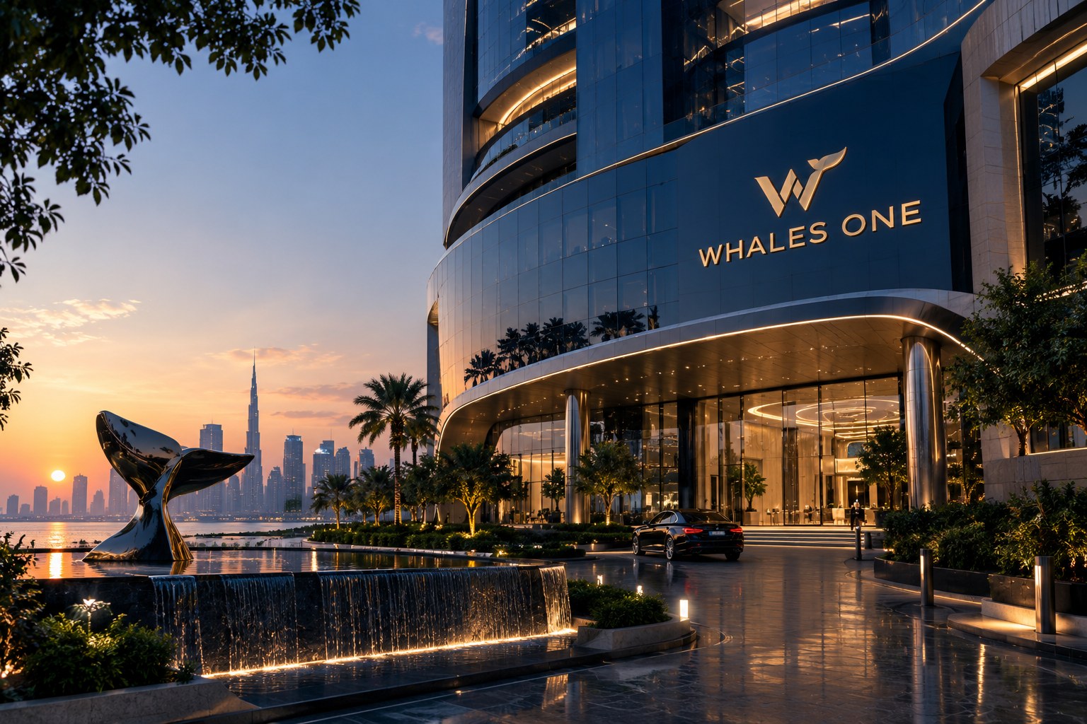Whales One at sunset, the city skyline beyond